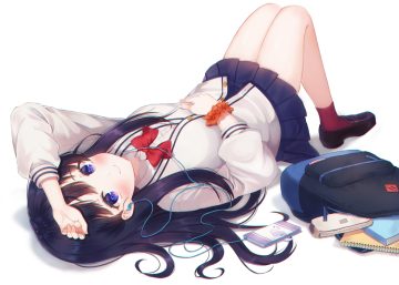 black hair blue eyes blush book bow foreign blue headphones long hair phone school uniform skirt socks ssss.gridman takarada rikka white wristwear