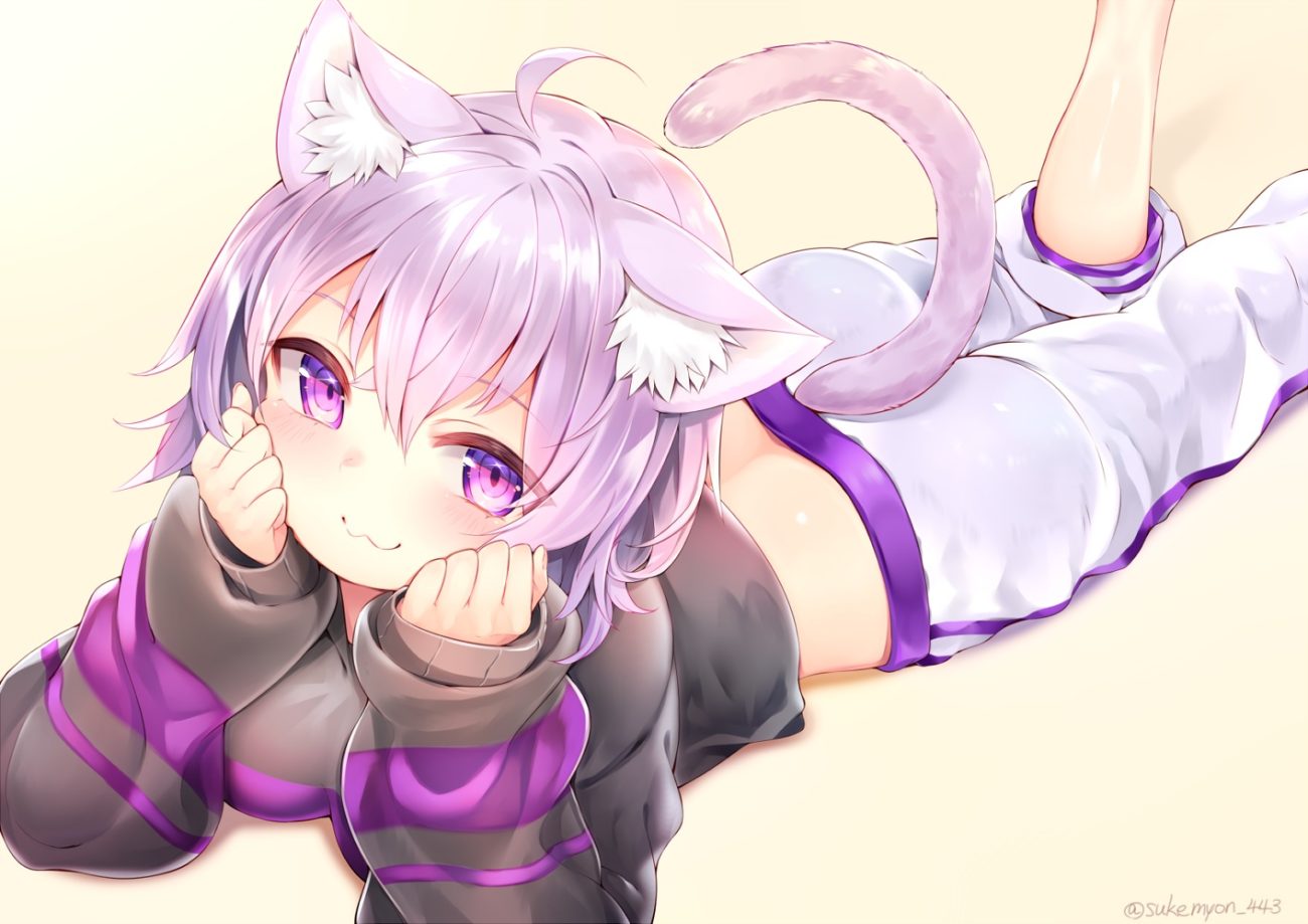 animal ears blush catgirl cat smile hololive nekomata okayu purple eyes purple hair short hair sukemyon tail