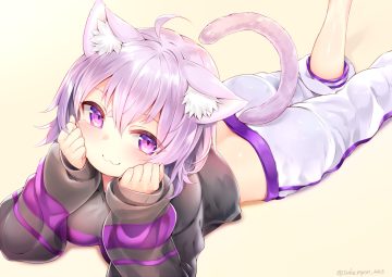 animal ears blush catgirl cat smile hololive nekomata okayu purple eyes purple hair short hair sukemyon tail