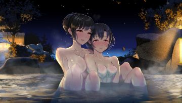 2girls black hair breasts brown eyes idolmaster idolmaster cinderella girls leaves monobe yuri night onsen orange eyes ponytail shiragiku hotaru short hair sky takafuji kako towel tree water yuri