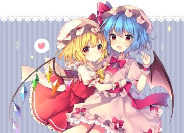2girls blonde hair blue hair blush bow flandre scarlet hat heart hug long hair red eyes remilia scarlet ribbons ruhika skirt touhou vampire wings