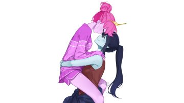 2girls adventure time black eyes black hair hug keiryuu seo long hair marceline pink eyes pink hair pointed ears ponytail princess bubblegum shoujo ai watermark white