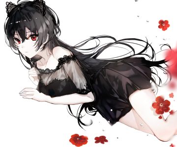 animal ears black hair breasts cleavage cropped dress flowers long hair naru (ul) original red eyes see through waifu2x water