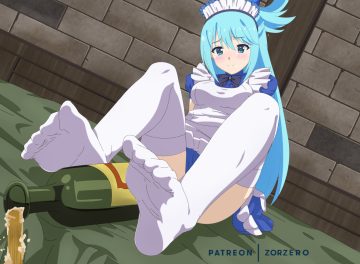 aliasing aqua eyes aqua hair aqua (konosuba) bed blush kono subarashii sekai ni shukufuku wo! maid thighhighs watermark zorzero