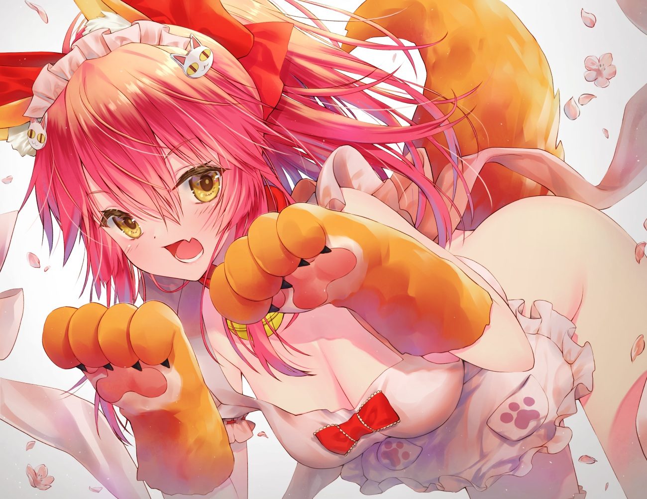 animal ears apron ass bell collar fang fate/grand order fate (series) foxgirl gloves kuro futoshi long hair naked apron pink hair ponytail tail tamamo cat tamamo no mae (fate) yellow eyes
