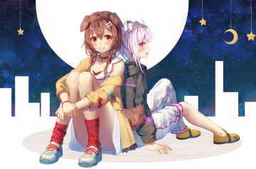 2girls animal ears blush bow braids brown eyes brown hair catgirl collar doggirl gray hair hololive hood inugami korone ji dao ji nekomata okayu purple eyes short hair socks tail