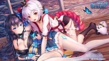 2girls anthropomorphism aqua eyes black hair blue destiny story sea saga boots braids breasts butterfly choker cleavage flowers gloves japanese clothes kimono kitakami (blue destiny story sea saga) logo long hair ooi (blue destiny story sea saga) paintmusume red eyes rope short hair shoujo ai thighhighs waifu2x water white hair wristwear