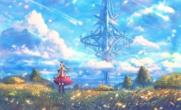 boots bou nin brown eyes brown hair building clouds dress flowers grass long hair original petals scenic sky tree