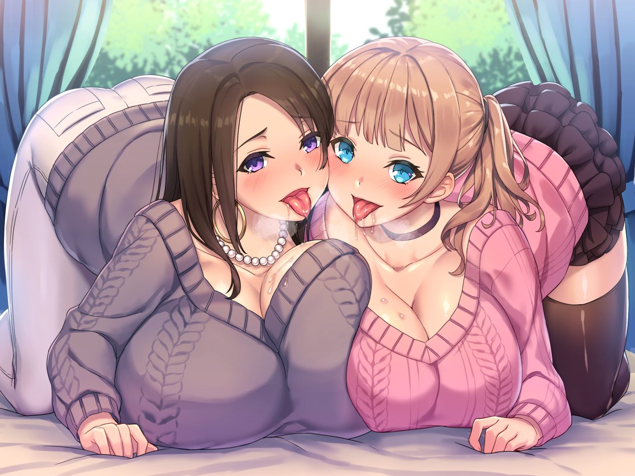 2girls aqua eyes blue eyes breasts brown hair cleavage collar original purple eyes skirt stockings thighhighs y umiharu