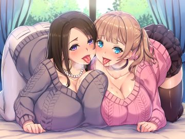 2girls aqua eyes blue eyes breasts brown hair cleavage collar original purple eyes skirt stockings thighhighs y umiharu