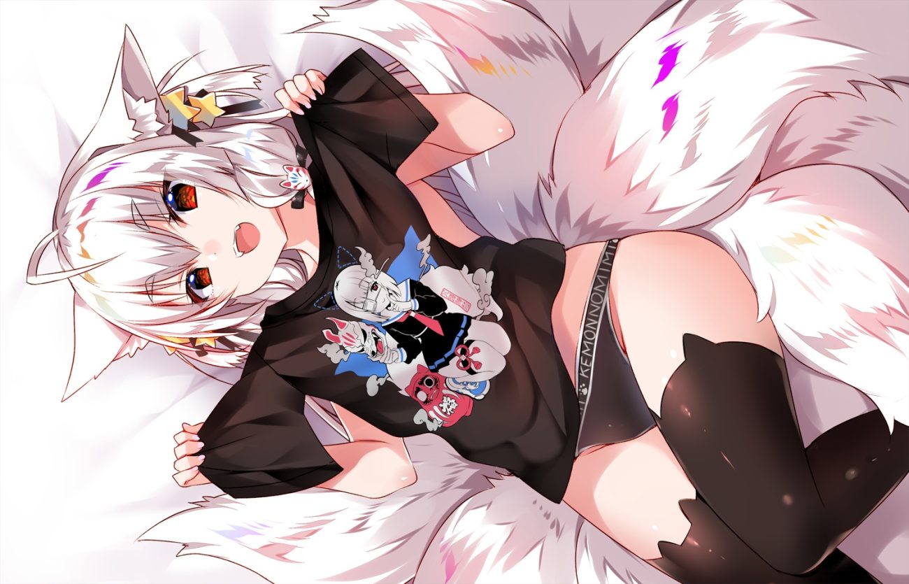 animal ears fang foxgirl long hair multiple tails original panties red eyes tail thighhighs topless underwear usagihime white hair