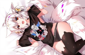 animal ears fang foxgirl long hair multiple tails original panties red eyes tail thighhighs topless underwear usagihime white hair