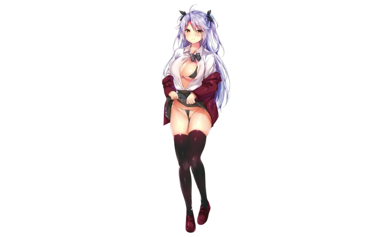 anthropomorphism azur lane bikini cameltoe chiyingzai long hair open shirt prinz eugen (azur lane) school uniform skirt lift swimsuit thighhighs third-party edit twintails white yellow eyes
