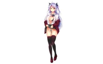 anthropomorphism azur lane bikini cameltoe chiyingzai long hair open shirt prinz eugen (azur lane) school uniform skirt lift swimsuit thighhighs third-party edit twintails white yellow eyes