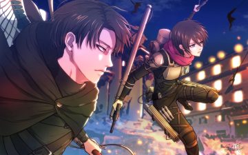 gun levi ackerman male mikasa ackerman scarf shingeki no kyojin short hair uniform weapon zeroo7x