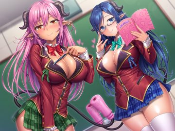 2girls blue eyes blue hair book bow breasts cameltoe cleavage demon erect nipples glasses horns lambda long hair orange eyes original panties pink hair pointed ears school uniform skirt succubus tail thighhighs underwear upskirt zettai ryouiki