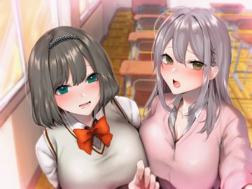 2girls blush bow breasts brown eyes cleavage close gray hair green eyes headband necklace original sakiryo kanna school uniform short hair