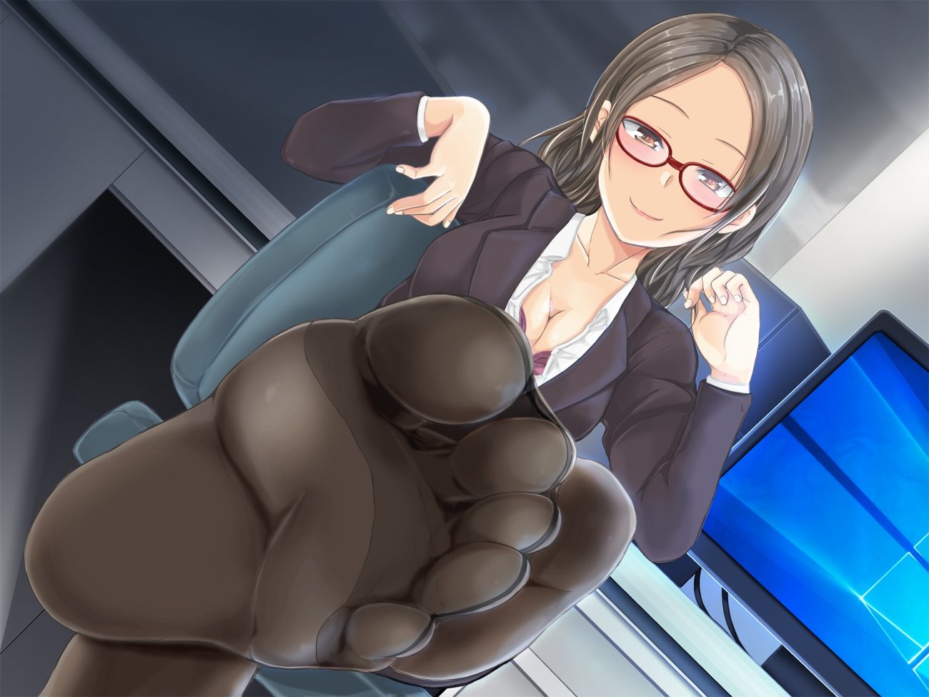 blush breasts brown eyes cleavage close computer glasses gray hair original pantyhose sashigo shou short hair suit