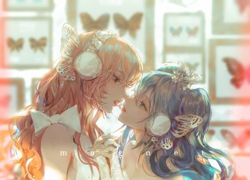 2girls blue hair butterfly close hatsune miku headphones kiss long hair magnet (vocaloid) megurine luka pink hair say hana shoujo ai vocaloid