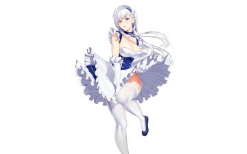 anthropomorphism aqua eyes azur lane baiyin belfast (azur lane) braids breasts choker cleavage elbow gloves gloves long hair maid skirt lift thighhighs third-party edit white white hair