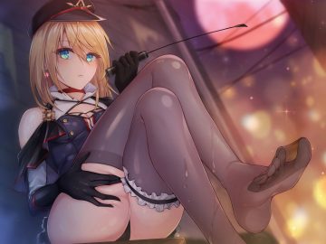aqua eyes blonde hair choker garter gloves hat original rebe11 thighhighs