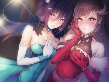 2girls black eyes black hair blush breast hold brown eyes brown hair dress elbow gloves gloves long hair original rebe11
