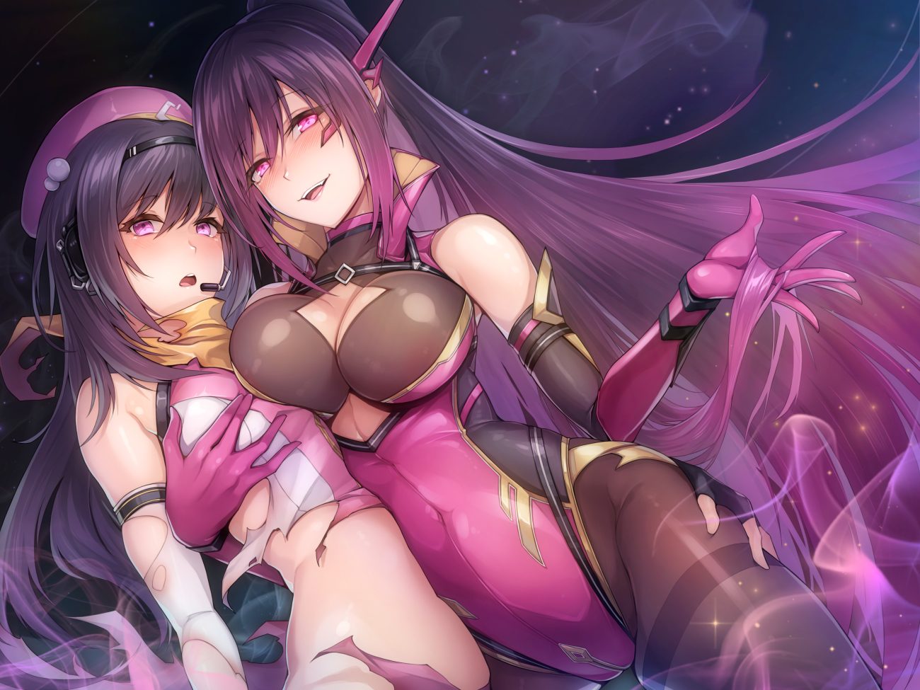 2girls black hair bodysuit breast grab breasts cleavage elbow gloves gloves hat headphones hug long hair microphone original pink eyes ponytail purple eyes purple hair rebe11 scarf skintight torn clothes