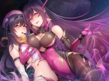 2girls black hair bodysuit breast grab breasts cleavage elbow gloves gloves hat headphones hug long hair microphone original pink eyes ponytail purple eyes purple hair rebe11 scarf skintight torn clothes