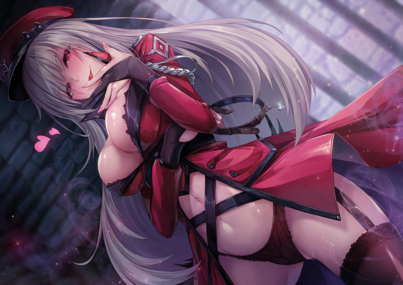 blush breasts cleavage collar gloves gray hair hat long hair navel original panties rebe11 red eyes stockings underwear