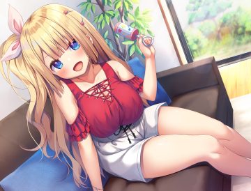 aqua eyes asa no ha blonde hair blush bow breasts cleavage couch long hair original ponytail shorts