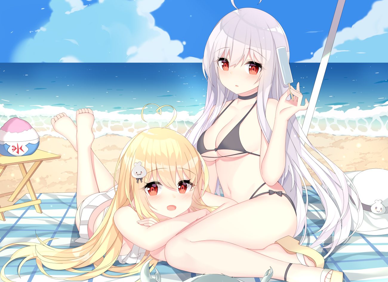 2girls barefoot bikini blonde hair clouds jyt long hair niliu chahui original popsicle red eyes sky swimsuit tokisaki asaba tokisaki mio water white hair