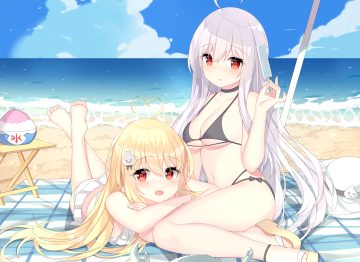2girls barefoot bikini blonde hair clouds jyt long hair niliu chahui original popsicle red eyes sky swimsuit tokisaki asaba tokisaki mio water white hair