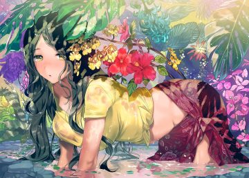aliasing black hair breasts flowers green eyes long hair no bra ogino atsuki original see through water wet
