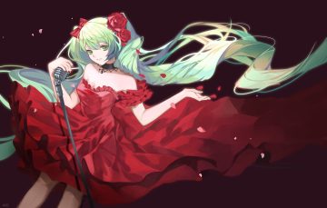 dress flowers green eyes green hair hatsune miku long hair microphone petals qie (25832912) rose vocaloid