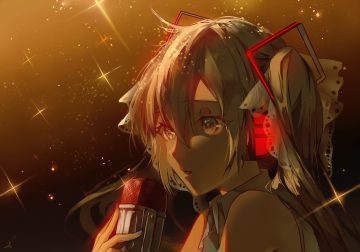 close gradient green eyes green hair hatsune miku microphone saihate signed vocaloid