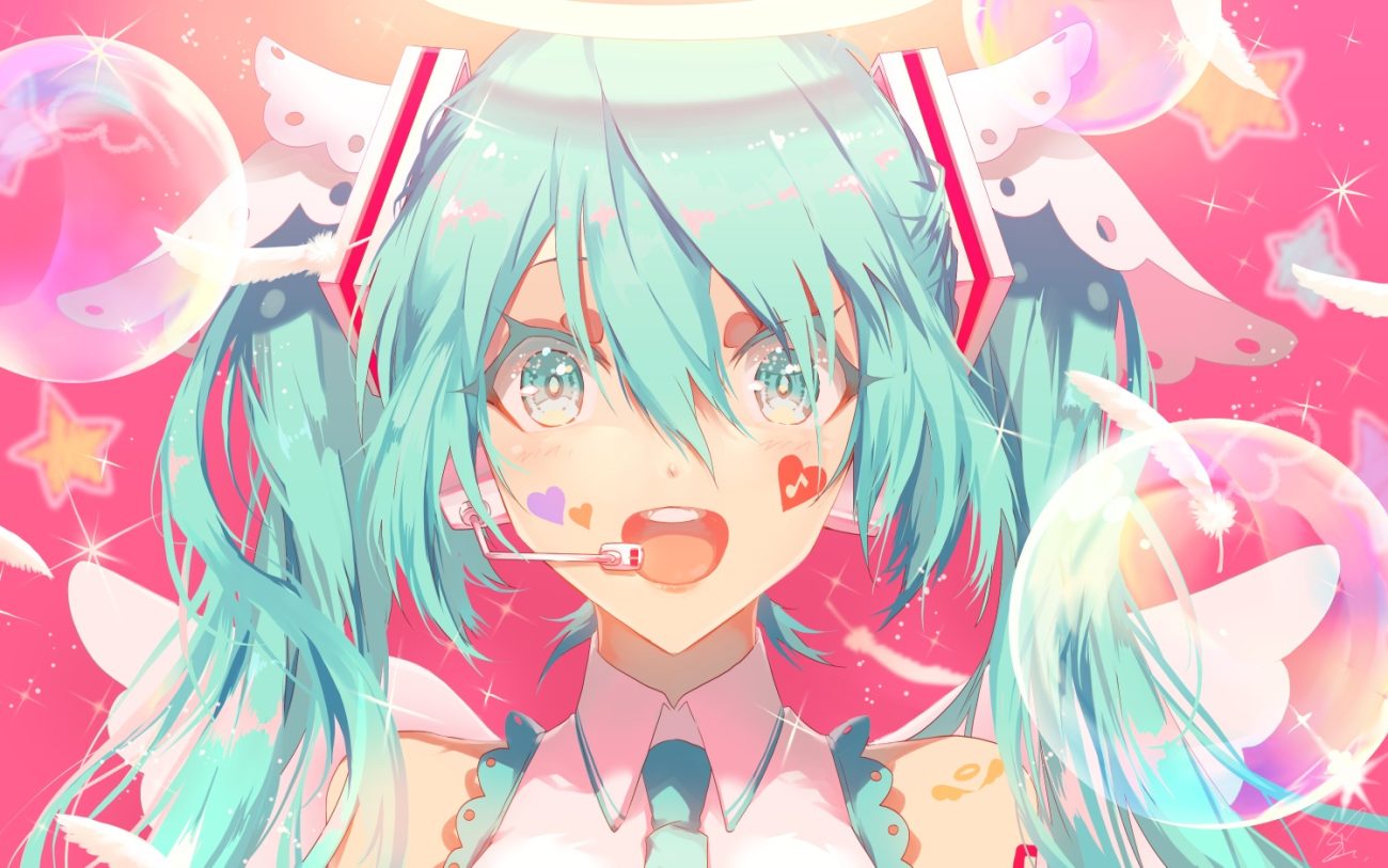angel aqua eyes aqua hair close feathers halo hatsune miku microphone saihate vocaloid wings