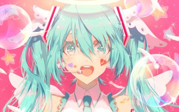 angel aqua eyes aqua hair close feathers halo hatsune miku microphone saihate vocaloid wings