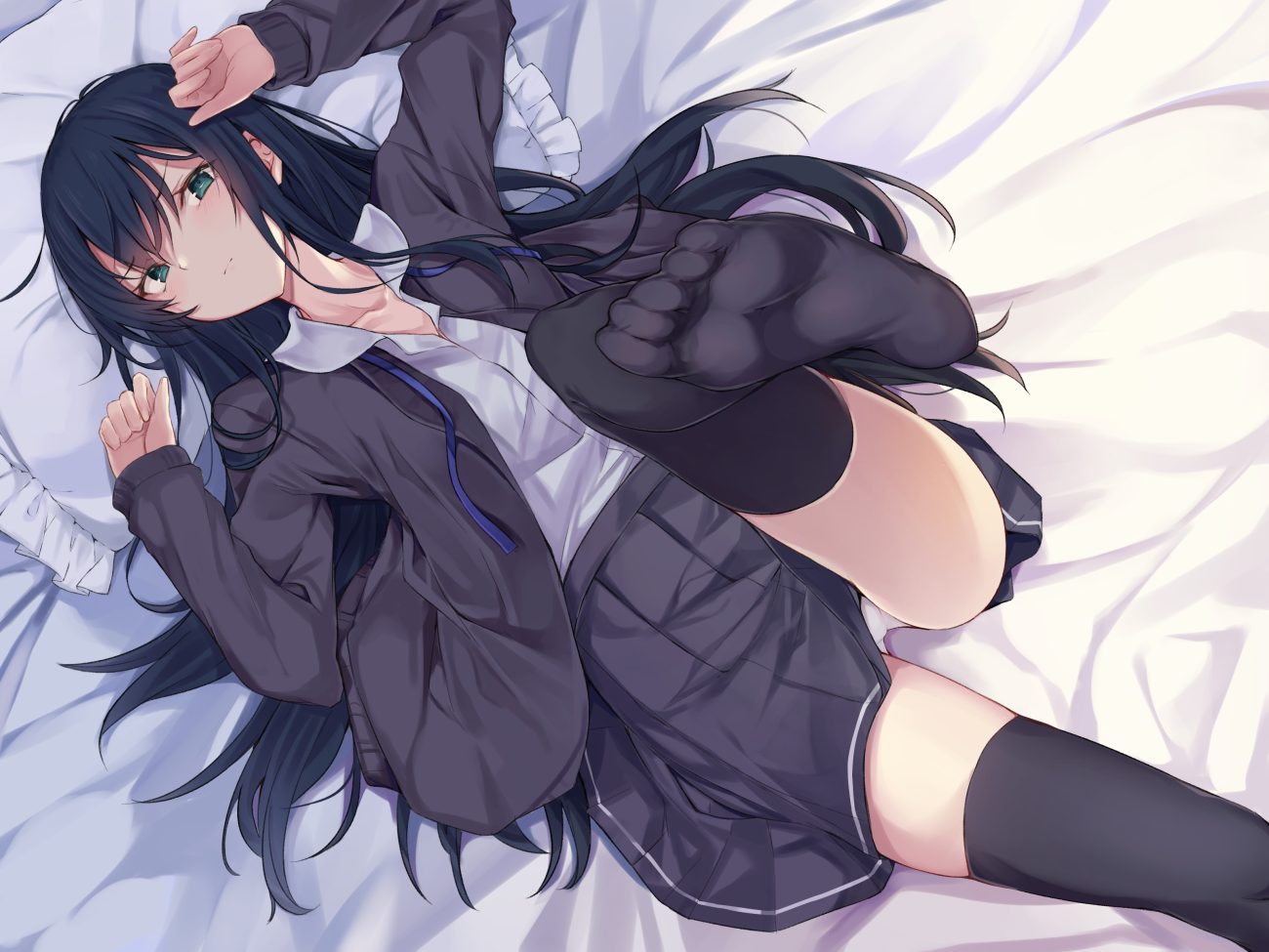 black hair blush green eyes long hair monobe tsukuri original panties school uniform skirt thighhighs underwear