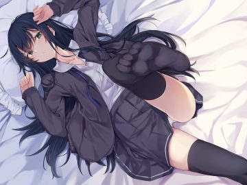 black hair blush green eyes long hair monobe tsukuri original panties school uniform skirt thighhighs underwear