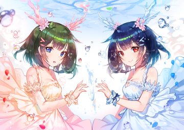 2girls applecaramel (acaramel) blue eyes blue hair breasts bubbles cleavage dress green hair horns original petals red hair short hair underwater water wristwear