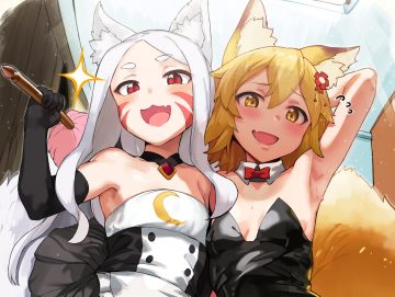 2girls animal ears apron blush bodysuit cat smile choker cropped elbow gloves fang flat chest foxgirl gloves hewsack loli long hair maid red eyes senko sewayaki kitsune no senko-san shiro (sewayaki kitsune no senko-san) short hair tail tattoo waifu2x white hair yellow eyes
