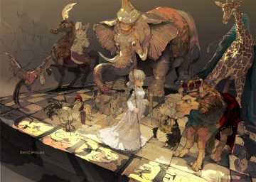 animal bird braids cape crown demizu posuka dress elephant gray eyes gray hair horse lion long hair original ponytail sketch staff watermark