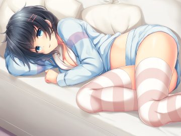 aqua eyes black hair breasts cleavage couch hood nametakenoko original pajamas short hair shorts thighhighs zettai ryouiki