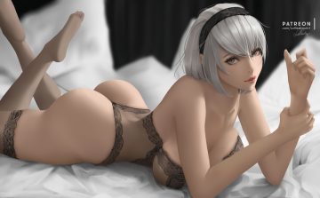ass bed breasts gray eyes gray hair headband lolliedrop nier nier: automata short hair signed thighhighs watermark yorha unit no. 2 type b
