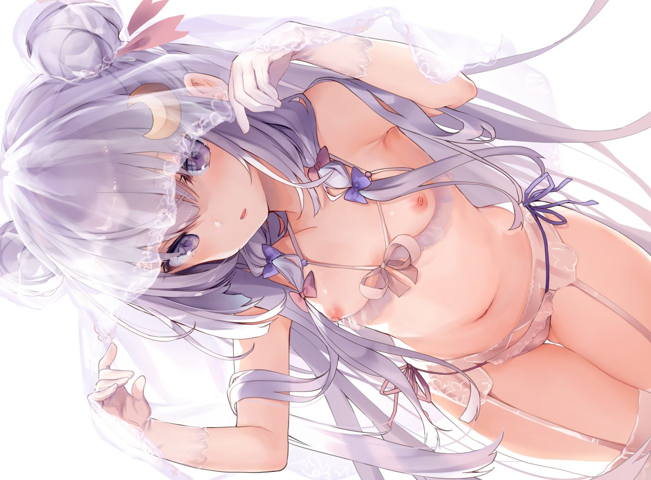bow bra breasts cameltoe garter belt gloves headdress kedama milk long hair navel nipples panties patchouli knowledge purple eyes purple hair see through stockings thighhighs touhou twintails underwear