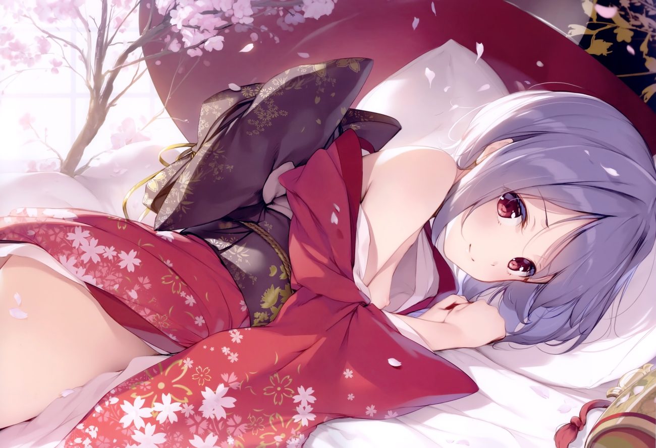 breasts cherry blossoms flowers japanese clothes ke-ta kimono nipples no bra open shirt petals purple eyes red eyes scan short hair sukuna shinmyoumaru touhou
