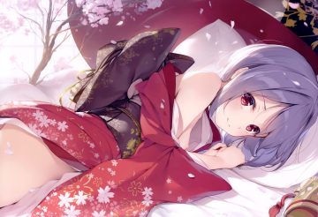 breasts cherry blossoms flowers japanese clothes ke-ta kimono nipples no bra open shirt petals purple eyes red eyes scan short hair sukuna shinmyoumaru touhou