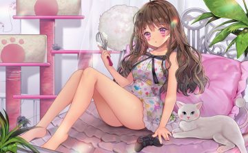 animal barefoot bed brown hair cat dress food game console heart long hair original primcoco purple eyes summer dress tattoo