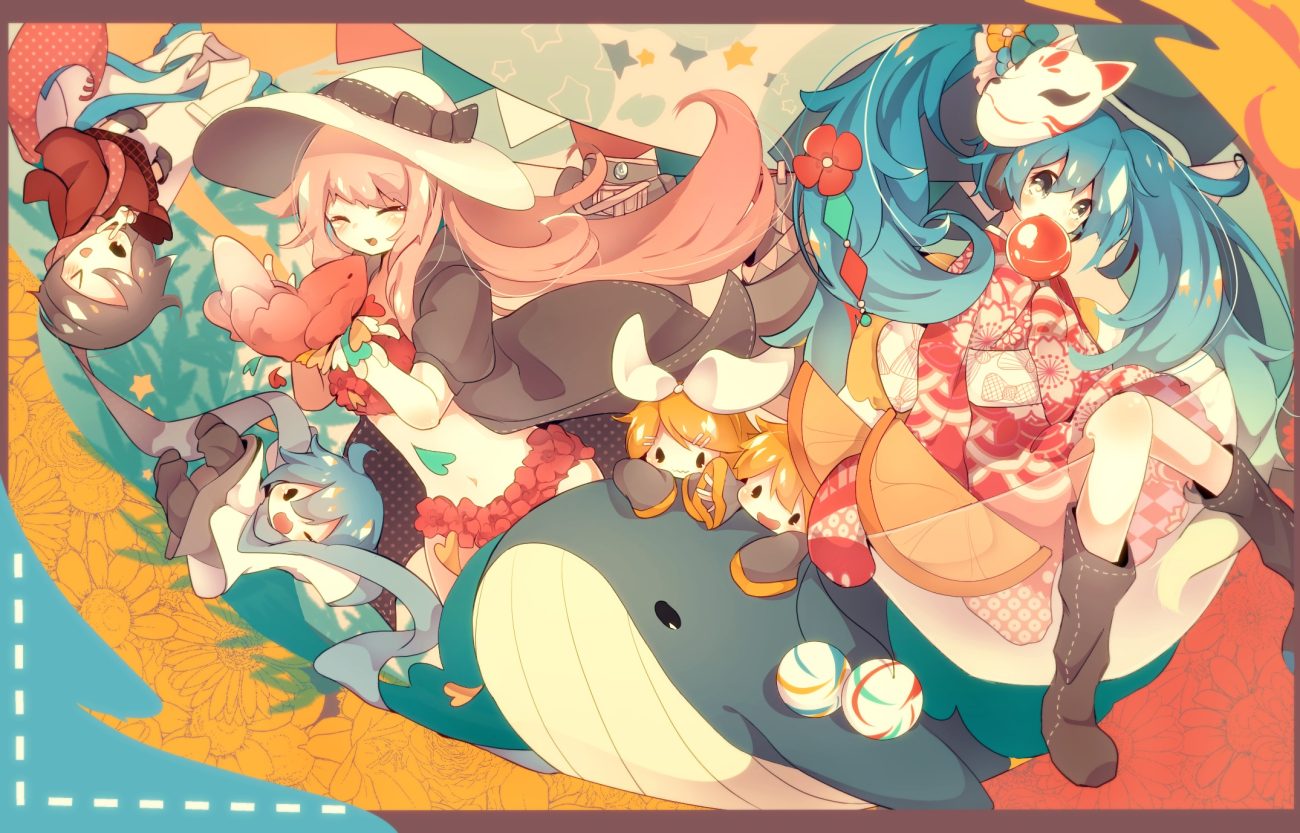 chibi fuyuzuki gato group hatsune miku kagamine len kagamine rin kaito male megurine luka meiko vocaloid
