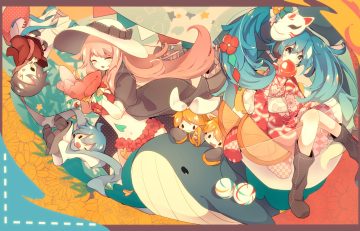 chibi fuyuzuki gato group hatsune miku kagamine len kagamine rin kaito male megurine luka meiko vocaloid
